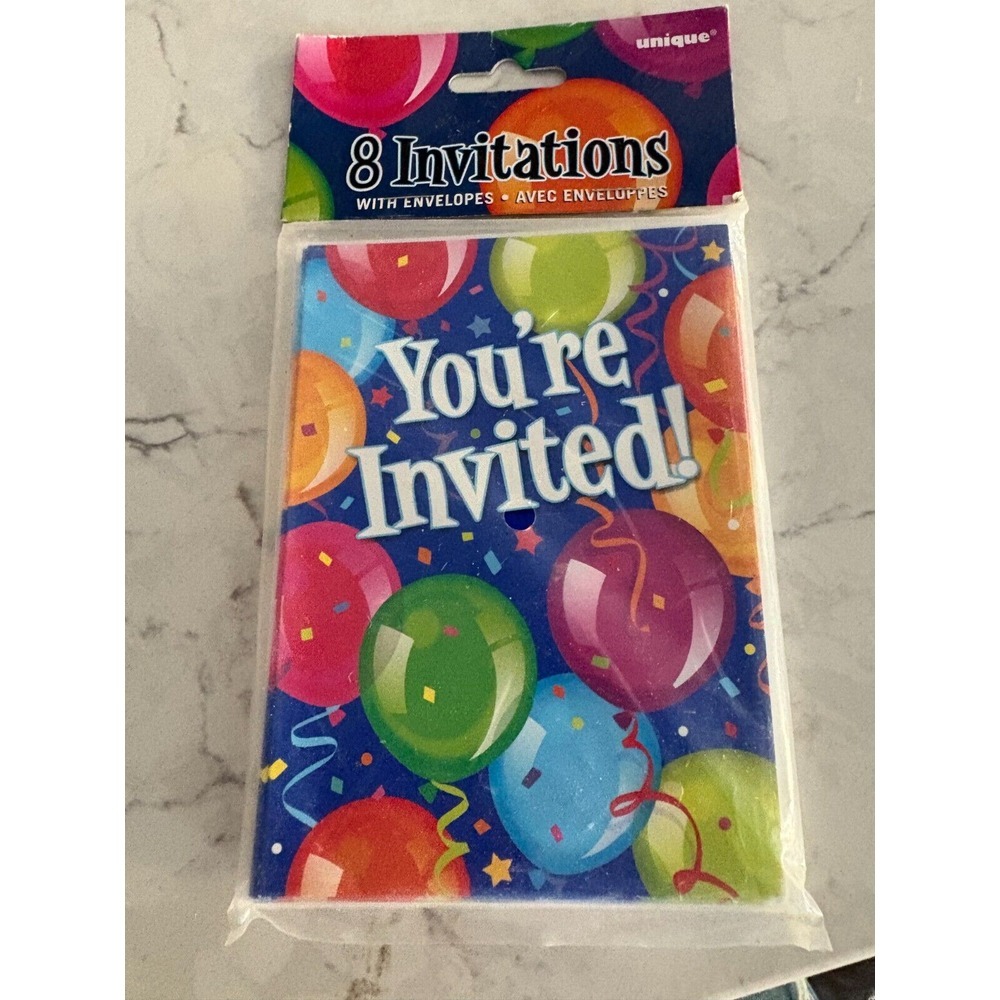 Birthday Party Balloons Colorful Invitation with Envelopes - Set of 8 By Unique‎